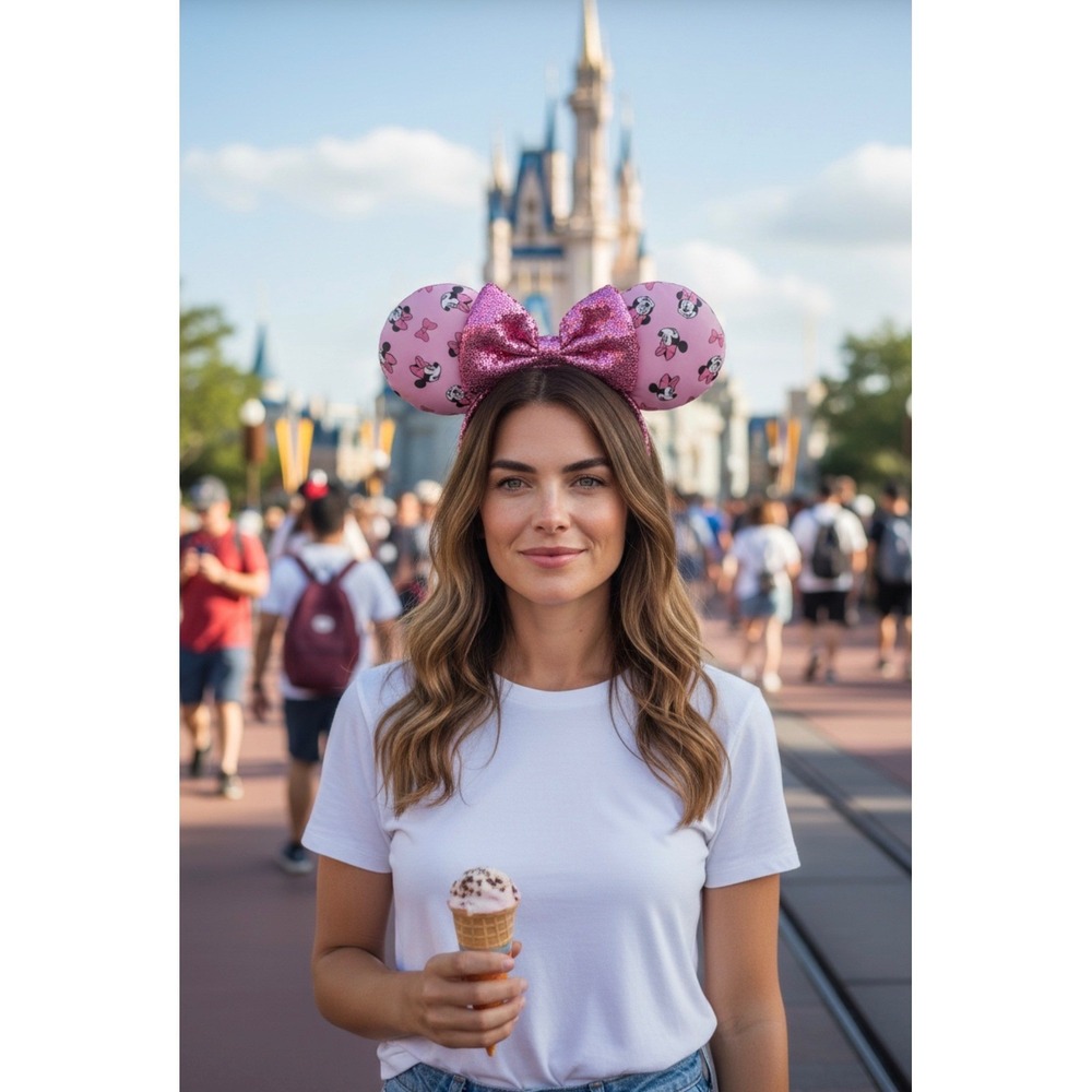 Disney Parks Minnie Mouse Pink Sequin Bow Ear Headband Character Print Accessory